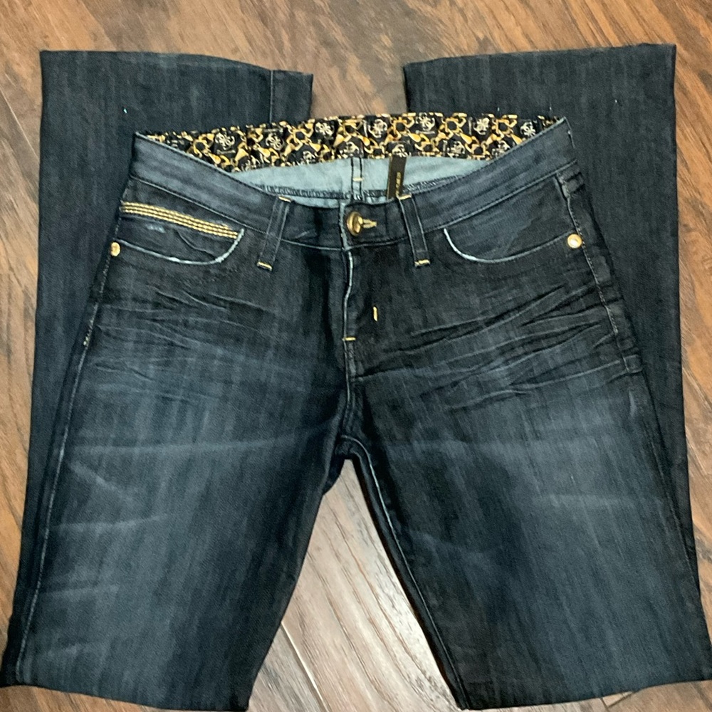 Guess Women Jean Pant, Sz 28. Distress, Leather/Embroidered details.